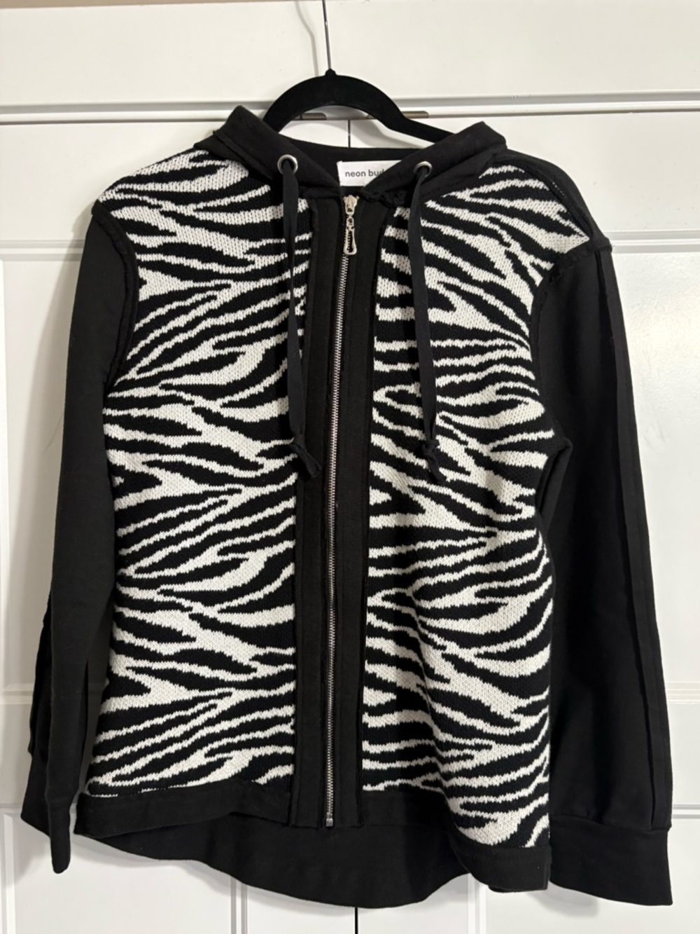 neon buddha Black and White Zebra Stripe Zip-Front Knit Hoodie
